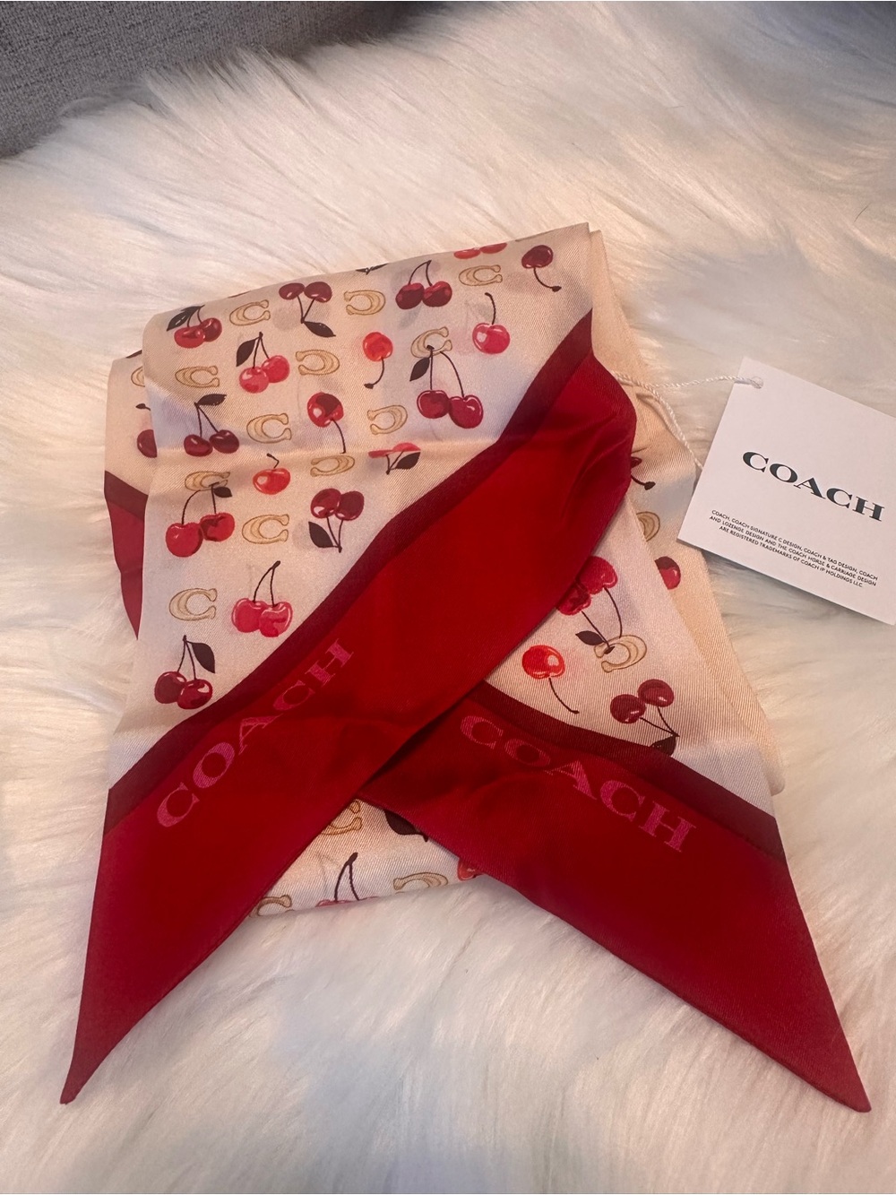 COACH Red Cherry Print Silk Wide Skinny Scarf